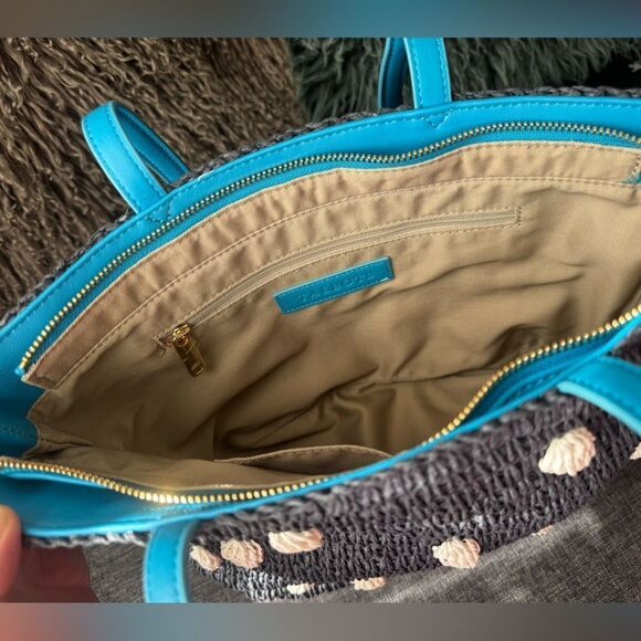 Talbots Navy Blue w/White Dots Raffia Shoulder Bag - Picture 2 of 13